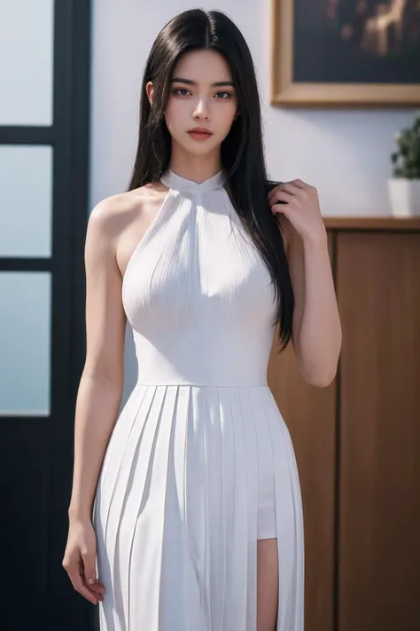 (best quality:1.4),(masterpiece:1.4),(photorealistic:1.4),(Realistic:1.2),(ultra high res, raw photo:1.4),(hdr, hyperdetailed:1.2),(8K:1.2),cinematic photo 1girl,(black long straight hair:1.2),standing,(white halter neck pleated dress:1.2),