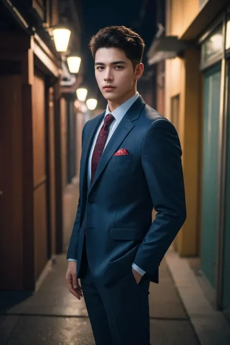 (best quality:1.4),(masterpiece:1.4),(photorealistic:1.4),(Realistic:1.2),(ultra high res, raw photo:1.4),(hdr, hyperdetailed:1.2),(8K:1.2),cinematic photo 1boy,standing,suit,street,