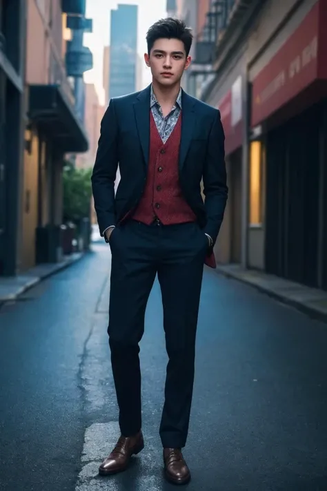 (best quality:1.4),(masterpiece:1.4),(photorealistic:1.4),(Realistic:1.2),(ultra high res, raw photo:1.4),(hdr, hyperdetailed:1.2),(8K:1.2),cinematic photo 1boy,standing,suit,street,