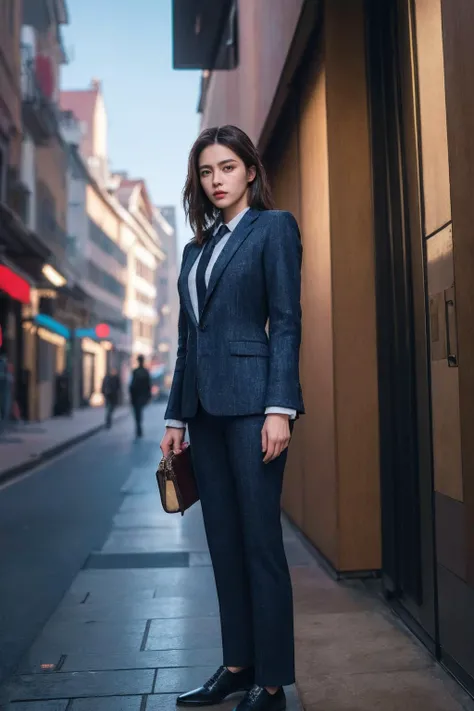(best quality:1.4),(masterpiece:1.4),(photorealistic:1.4),(Realistic:1.2),(ultra high res, raw photo:1.4),(hdr, hyperdetailed:1.2),(8K:1.2),cinematic photo 1girl,standing,suit,street,