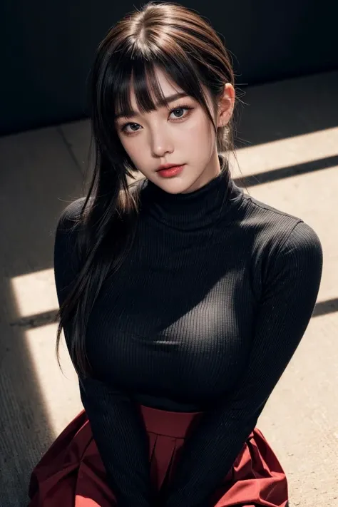 product quality, 1 girl, cowboy shot, front view, a Japanese young pretty girl, long bob hair, at night, wearing a black knitted turtleneck sweater, wearing mini skert, hyper cute face, glossy lips, double eyelids for both eyes, natural makeup, shiny smooth light brown hair of long bob hair, asymmetrical bangs, central image, 8K resolution, high detail, detailed hairstyle, detailed face, cinematic lighting, octane rendering, hyper realistic, perfect limbs, perfect anatomy
