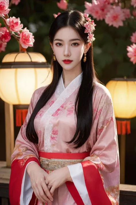 (best quality:1.4),(masterpiece:1.4),(photorealistic:1.4),(Realistic:1.2),(ultra high res, raw photo:1.4),(hdr, hyperdetailed:1.2),(8K:1.2),cinematic photo 1girl,black hair,brown eyes,cherry blossoms,chinese clothes,floral background,floral print,flower,hair ornament,jewelry,lantern,lily \(flower\),lips,long sleeves,looking at viewer,lotus,mole,paper lantern,realistic,red dress,red kimono,red lips,ring,solo,standing,white flower,1girl,realistic style with fantasy elements,cowboy_shot,(lotus:1.2),shiny skin,Surrealism,wide sleeves,detailed clothing,dress,chinese clothing,chinese new year,elegant posture,lantern/lamp,jewelry,<lora:Chinese clothing, Feiyu outfit:0.2>,<lora:jyy:0.2>,<lora:é¡¾æ¸å¯0623v1-03:0.2>,<lora:GuoFeng2_Lora:0.2>,