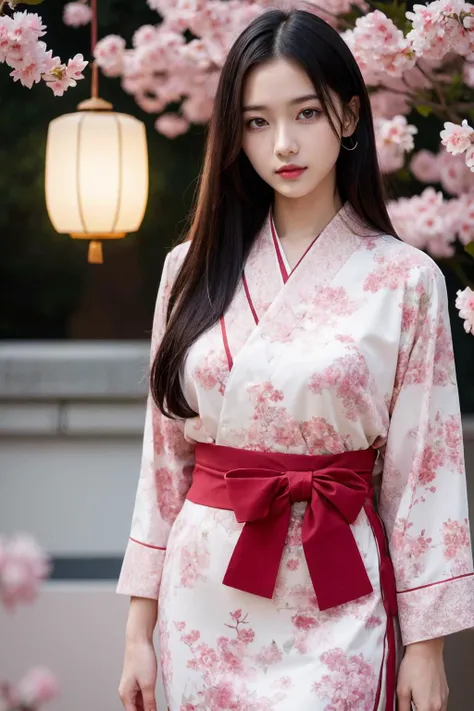(best quality:1.4),(masterpiece:1.4),(photorealistic:1.4),(Realistic:1.2),(ultra high res, raw photo:1.4),(hdr, hyperdetailed:1.2),(8K:1.2),cinematic photo 1girl,black hair,brown eyes,cherry blossoms,chinese clothes,floral background,floral print,flower,hair ornament,jewelry,lantern,lily \(flower\),lips,long sleeves,looking at viewer,lotus,mole,paper lantern,realistic,red dress,red kimono,red lips,ring,solo,standing,white flower,