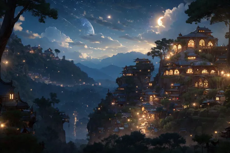 <lora:WoodElf:1>, WoodElf, Lively, starry sky , flower , trees, rock , festival , cloud, night:1.1, on view, eagle eye view, forest, tree houses,
(masterpiece:1.2), (best quality,:1.2), 8k, HDR, ultra detailed, ((photorealistic)), professional light, cinematic lighting, fashion photography, ambient lighting, fantasy,
<lora:Night scene_20230715120543:0.65>, cozy , full moon ,