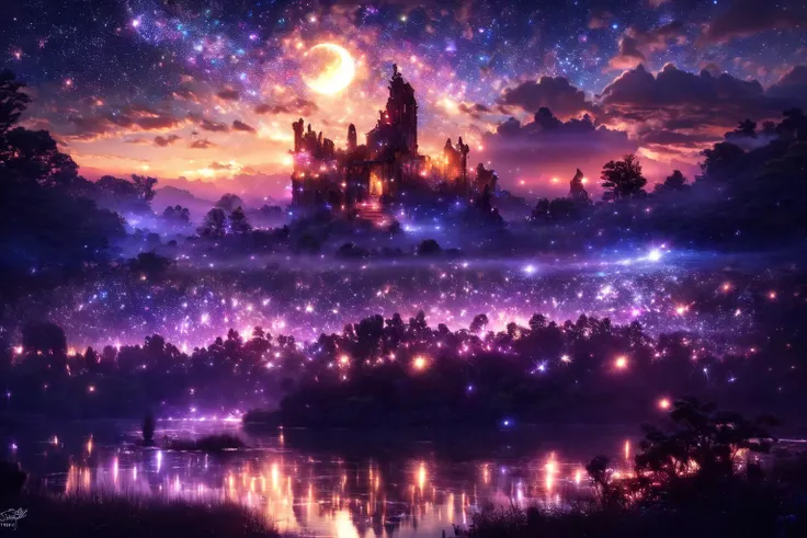 <lora:FantasySwamps:1>, FanSwa, Lively, night:1.15, soft light, fantasy ruins in a dangerous swamp, trees, forest, magical lights, a small and winding path to the ruins,
(masterpiece:1.2), (best quality,:1.2), 8k, HDR, ultra detailed, ((photorealistic)), professional light, cinematic lighting, fashion photography, ambient lighting, fantasy,
<lora:Night scene_20230715120543:0.65>, cozy , starry sky , star , moon ,<lora:magic particles ãã©ãã©ã¨ãã§ã¯ã v1:0.75>, magic particles, magic circle, magic aura,