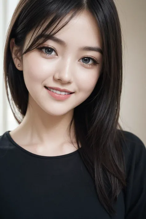 RAW photo, face portrait photo of beautiful 21 y.o woman, cute face, wearing black dress, happy face, hard shadows, cinematic shot, dramatic lighting