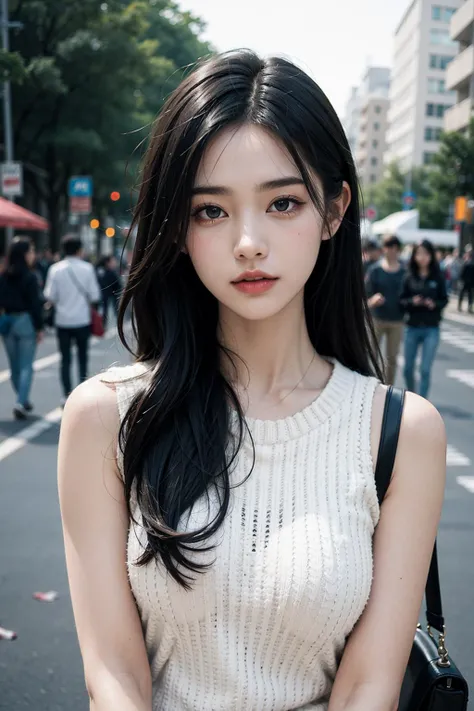 1girl,black long hair,sleeveless sweater,(outdoors:1.2),film overlay,film grain,upper body,elegant,on street,soft light,