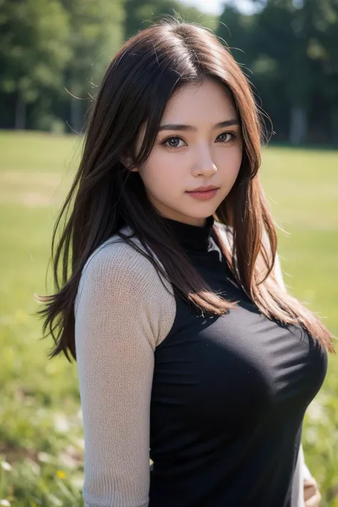 ((Best Quality:1.2, 8k, photo realistic:1.2, Masterpiece:1.2, super fine :1.2, a beautiful women, back light, Highly Detailed face Textures, detailed beauty makeup, realistic skin, detailed double eyelids, black eyes, detailed bangs)), ({{{light white ribbed sweater}}},bare arms:1.2),navel, (park background), (embarrassed), (detailed Brilliant shiny black on light flipped hair hair), ((cowboy shot)), ((low angle shot))