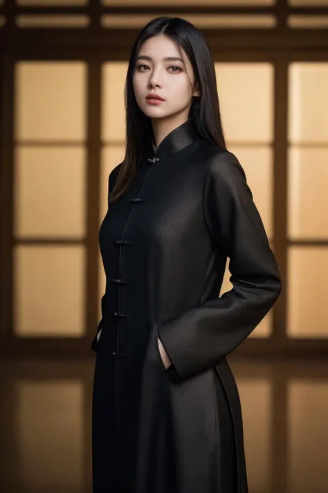 (best quality:1.4),(masterpiece:1.4),(photorealistic:1.4),(Realistic:1.2),(ultra high res, raw photo:1.4),(hdr, hyperdetailed:1.2),(8K:1.2),cinematic photo 1girl,(black long straight hair:1.2),standing,chinese clothes,