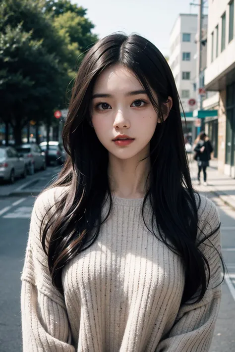 1girl,black long hair,sweater,(outdoors:1.2),film overlay,film grain,upper body,elegant,on street,soft light,