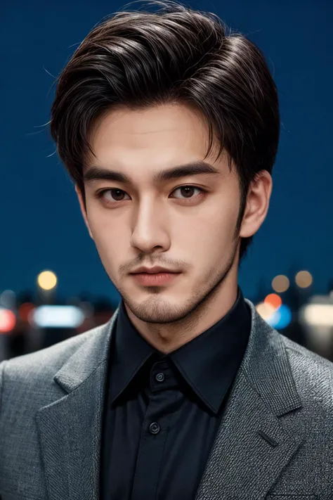 instagram photo, closeup face photo of 28 y.o man in suit,night city street,
