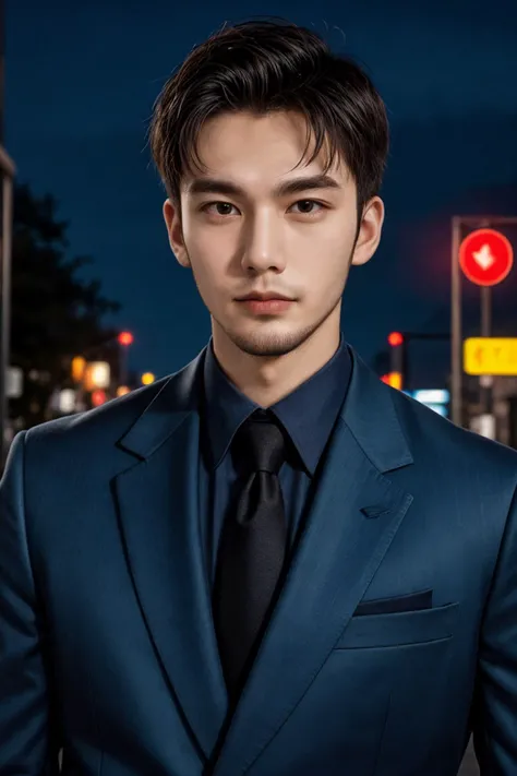 closeup face photo of 28 y.o man in suit,night city street,