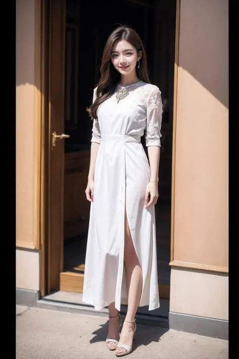full body,1girl,smile,brown hair,dress,jewelry,long hair,looking at viewer,solo,<lora:Again_Girl_A24:0.8>,Again_Girl_A24,