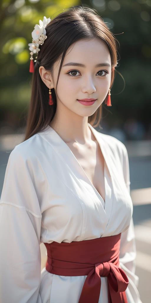 bare clavicle, cleavage, <lora:weijin_hanfu:0.19>, Ancient Hanfu Chinese fashion sexy lingerie, front view, best quality, realistic photo, (beauty hair, ostentatious hair accessories, gorgeous hair accessories, light smile:1.15), (hanfu, slim waist:1.27), younger girl, light smile, happy, (upper body, real face photo, outdoor background, background blur:1.46), big eyes, analog style, physically-based rendering, ultra-detailed, professional lighting, photon mapping, (outdoor, bokeh:1.10), (RAW photo, best quality, masterpiece:1.3), (realistic, photo-realistic:1.3), detailed facial features, slim girl, tassel, innocent, bangs,