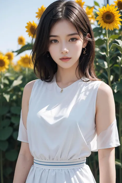 (mature body), (upper body:1.5), nikon RAW photo,8 k, Fujifilm XT3,masterpiece, best quality, realistic, photorealistic, ultra detailed, extremely detailed face, solo,1girl, standing, fashionable and trendy atmosphere, and a stylish expression on her face, close up, (narrow waist), white dress on field of sun flowers,