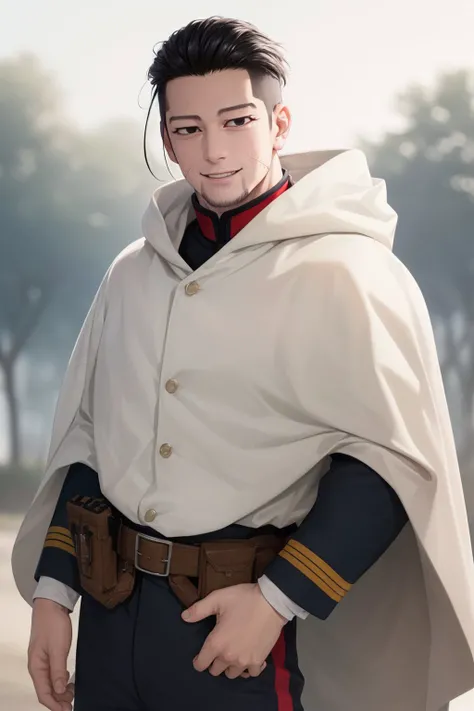 (masterpiece, best quality:1.2), <lyco:goldenkamuy_ogata-12:1.0>, cowboy shot, solo, male focus, 1boy, ogata hyakunosuke, smile, looking at viewer, hair slicked back, military uniform, jacket, long sleeves, cloak