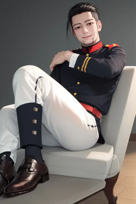 (masterpiece, best quality:1.2), <lyco:goldenkamuy_ogata-12:1.0>, solo, male focus, 1boy, ogata hyakunosuke, smile, closed mouth, looking at viewer, sitting, hair slicked back, military uniform, jacket, long sleeves, shoes