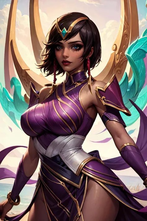 sharp focus,black female,dynamic angle,best quality,detailed,((view from below)),masterpiece,8k,absurdres,highres,<lora:Karma:1.1>,(((karma))),dark skinned,black goddess,sexy,big lips,full lips,green eyes,(cleavage),very short hair,smudged makeup,magic,big breasts,big eyes,blue gem on head,purple dress,no panties,dominant,judging,(pixie haircut)