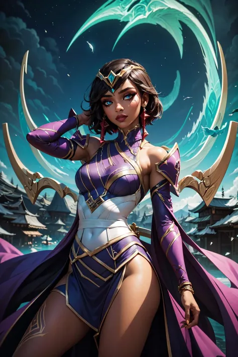 (masterpiece, best quality:1.2), intricate details, <lora:GoodHands-beta2:1>, <lora:lol_karma-000012:1>, karma \(league of legends\), 1girl, dress, jewelry, dark-skinned female, makeup, short hair, detached sleeves, tiara