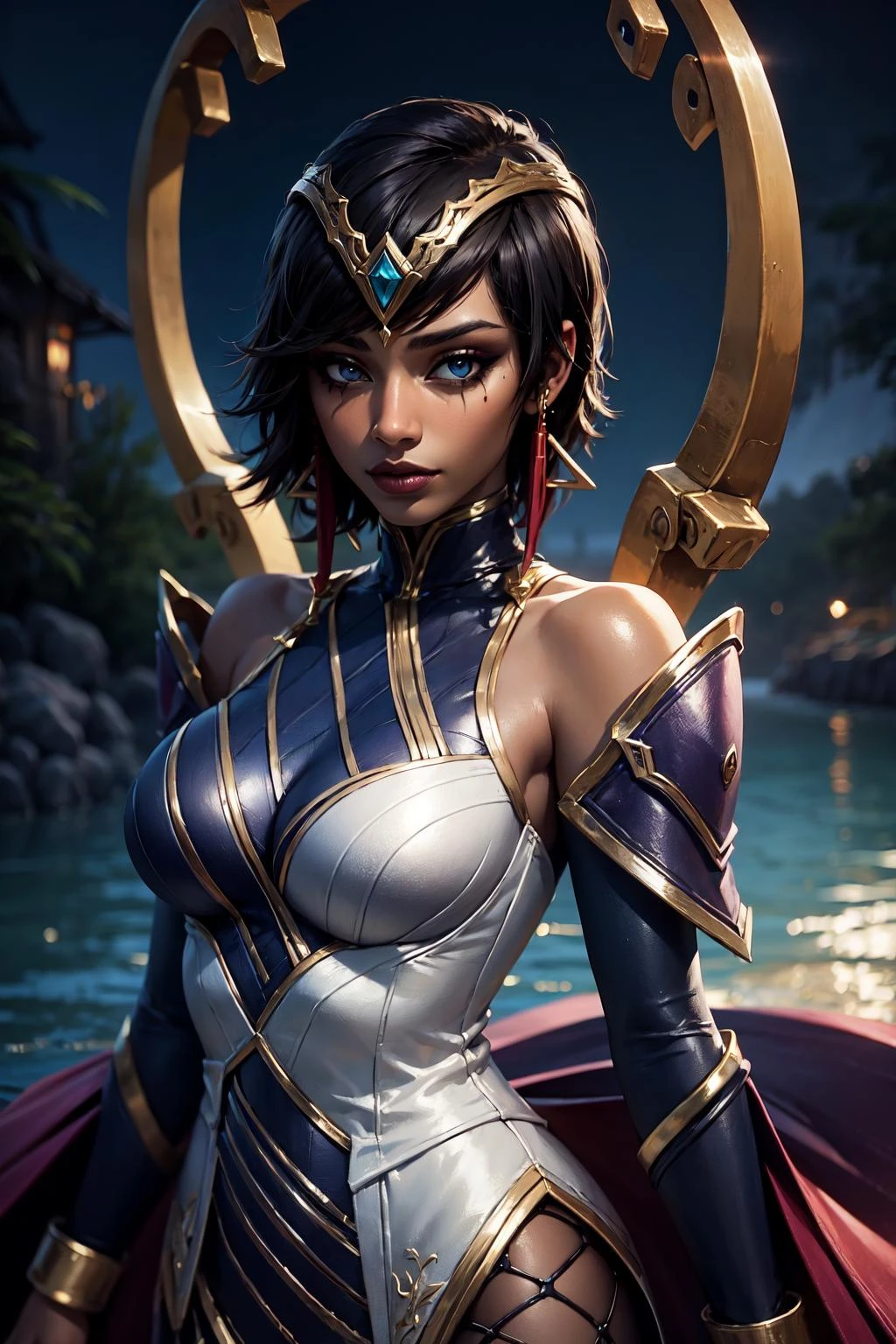 (masterpiece, best quality:1.2), intricate details, <lora:GoodHands-beta2:1>, <lora:lol_karma-000012:1>, karma \(league of legends\), 1girl, dress, jewelry, dark-skinned female, makeup, short hair, detached sleeves, tiara