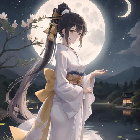 anime girl wearing white kimono and standing near a pond watching a full moon, 1girl, japanese clothes, kimono, night, solo, outdoors, yellow eyes, floral print, looking at viewer, moon, ponytail, sky, reflection, star (sky), bangs, starry sky, sash, long hair, obi, lake, night sky,