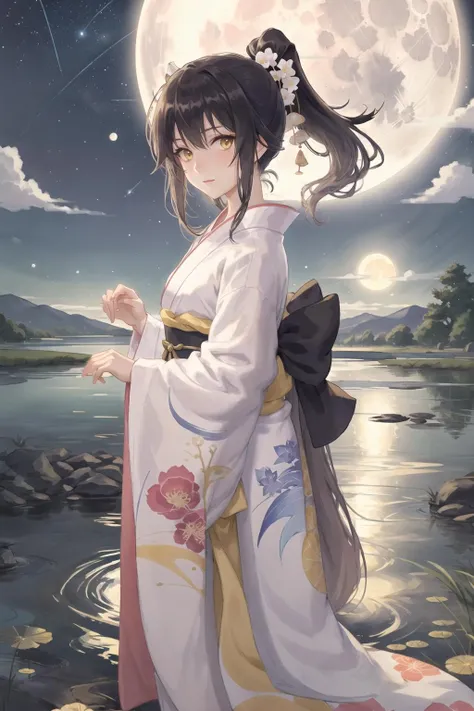 anime girl wearing white kimono and standing near a pond watching a full moon, 1girl, japanese clothes, kimono, night, solo, outdoors, yellow eyes, floral print, looking at viewer, moon, ponytail, sky, reflection, star (sky), bangs, starry sky, sash, long hair, obi, lake, night sky