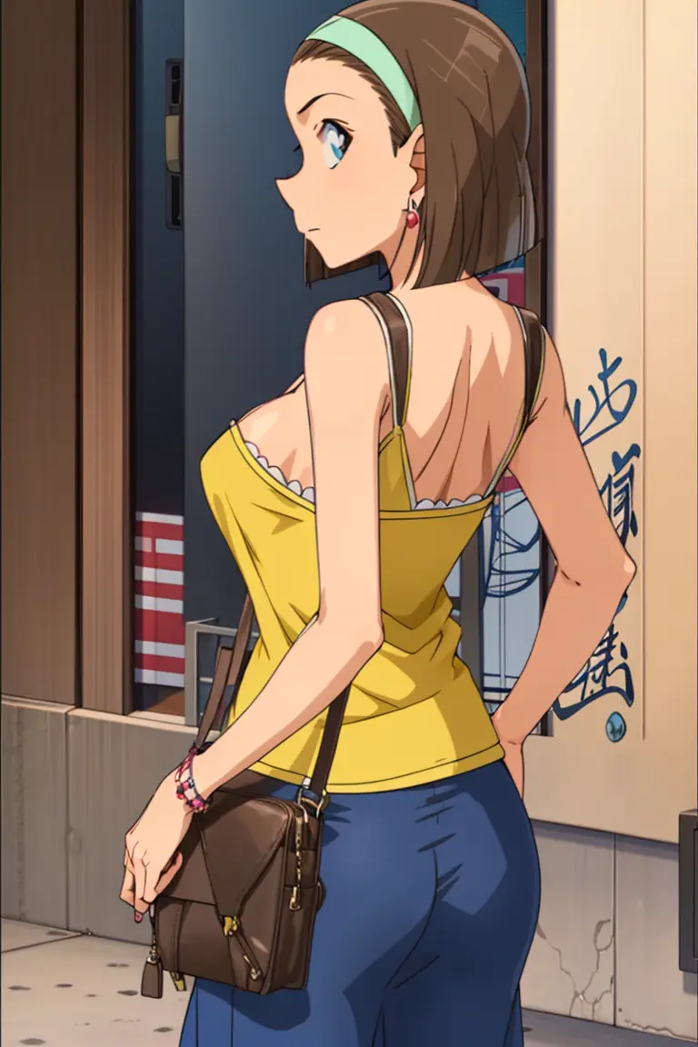 sonoko,1girl,solo,blue eyes,hairband,brown hair,short hair,cleavage, medium breasts,jewelry, solo, brown eyes, earrings, breasts, skirt,from behind, handbag,
<lora:sonoko:0.8>