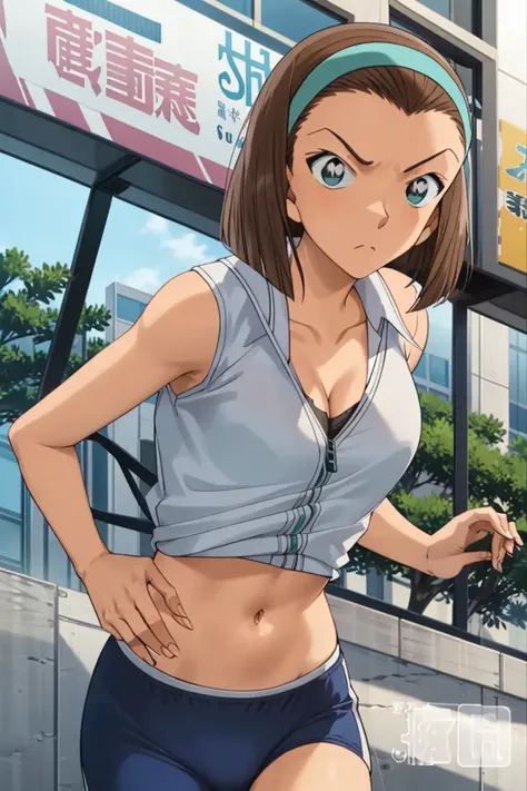 sonoko,1girl,solo,blue eyes,hairband,brown hair,short hair,cleavage, medium breasts,(running:1.3), serious,sportswear, running, (serious:1.2),
<lora:sonoko:0.8>