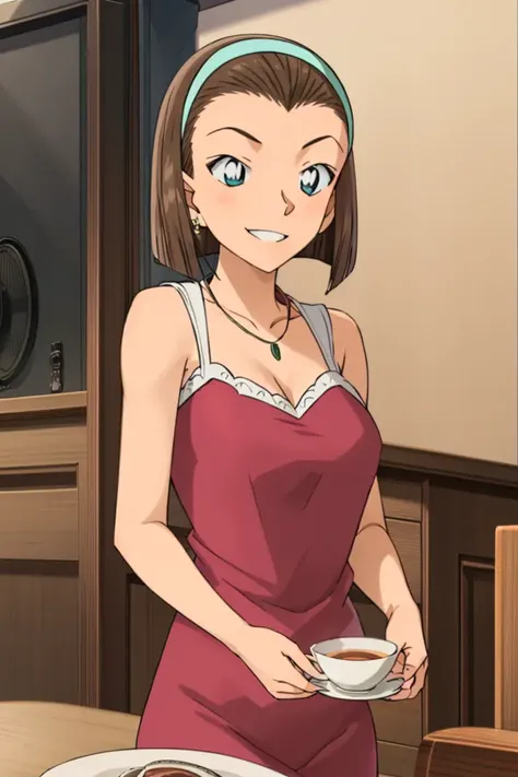 sonoko,1girl,solo,blue eyes,hairband,brown hair,short hair,cleavage, medium breasts,sleeveless dress,earrings, indoors, banquet,desk, smile, necklace, table, teacup,
<lora:sonoko:0.8>