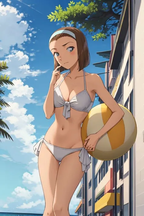 sonoko,1girl,solo,blue eyes,hairband,brown hair,short hair,front-tie bikini,white bikini,outdoors,cleavage, medium breasts,ocean,sand, sky, sunlight, eyewear on head, tree,
<lora:sonoko:0.8>