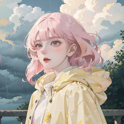 beautiful girl, in a portrait, pink hair, yellow raincoat, (raining, cloudy:1.2)