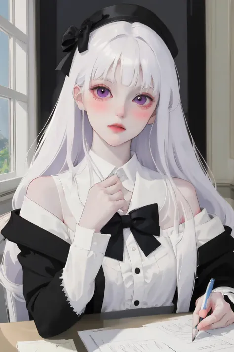 1girl,bow,solo,black bow,hair bow,long hair,looking at viewer,indoors,blush,shirt,purple eyes,white shirt,bangs,holding,long sleeves,upper body,parted lips,window,sailor collar,white hair,bowtie,frills,jacket,collared shirt,off shoulder,holding pencil,black bowtie,sunlight,pencil,paper,very long hair,center frills,
absurdres,masterpiece,best quality,hyper detailed,insanely detailed,exquisite,beautiful,shoujo manga style,