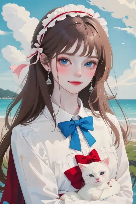 1girl, outdoors, blue eyes, holding, long hair, holding animal, cat, red bow, looking at viewer, animal, beach, day, blush, sky, brown hair, bow, smile, bangs, solo, cloud, closed mouth, red bowtie, ocean, bowtie, blue sky, upper body, earrings, frills, jewelry, holding cat, shirt, hairband, bird, ribbon, dress, red ribbon