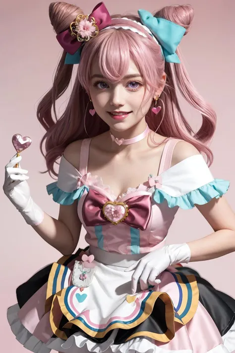 masterpiece, best quality, <lora:CurePrecious-mver:1>,CurePrecious, long hair,hair flower, white gloves, (pink hair:1.4), bow, jewelry, earrings, cone hair bun, hair bow, purple eyes, red bow,shiny hair, hairband, collarbone, magical girl, heart brooch, dress, pink choker, short dress, skirt, white apron, two side up, brooch, miniskirt,pink background, smile,cowboy shot,