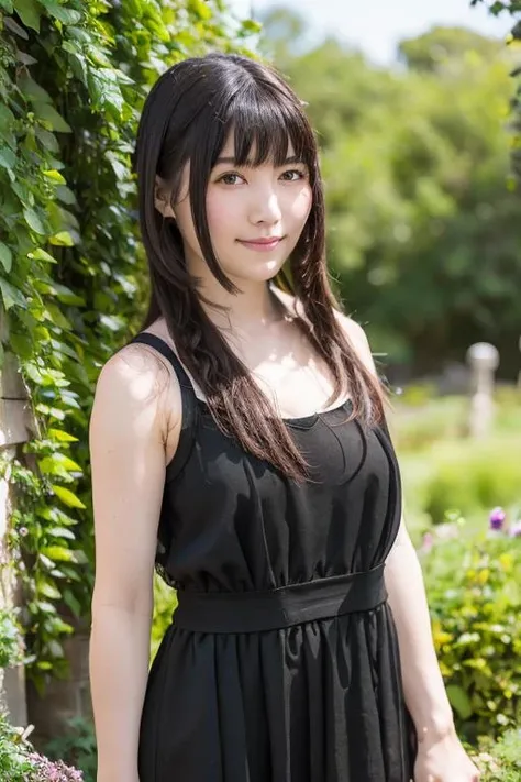 masterpiece, best quality, 1girl, looking at viewer, hinata\(shippuden\), parted lips, wind lift, bottomless, purple fabric kebaya,blue black hair, long hair, white eyes, solid eyes, large breasts, (black dress:1.2), blue sky, clouds, garden, landscape, 