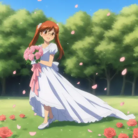 <lora:chu-bra!!:0.7> hayama nayu, long hair, brown hair, brown eyes, twintails, glasses, happy, wearing a detailed white wedding dress with ruffles and lace, outdoors, holding a bouquet of pink roses, flower petals falling from the sky, nature background, white and pink flowers scatter on a grassy field, full body shot, pink roses in hair <lora:Squeezer2:0.7>, 8k, masterpiece, absurdres, anime,