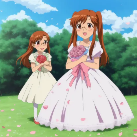 <lora:chu-bra!!:0.7> hayama nayu, long hair, brown hair, brown eyes, twintails, glasses, happy, wearing a detailed white wedding dress with ruffles and lace, outdoors, holding a bouquet of pink roses, flower petals falling from the sky, nature background, white and pink flowers scatter on a grassy field, full body shot, pink roses in hair <lora:Squeezer2:0.7>, 8k, masterpiece, absurdres, anime,