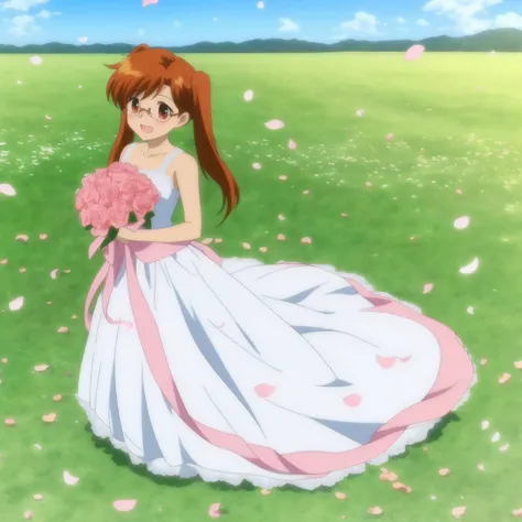 <lora:chu-bra!!:0.7> hayama nayu, long hair, brown hair, brown eyes, twintails, glasses, happy, wearing a detailed white wedding dress with ruffles and lace, outdoors, holding a bouquet of pink roses, flower petals falling from the sky, nature background, white and pink flowers scatter on a grassy field, full body shot, pink roses in hair <lora:Squeezer2:0.7>, 8k, masterpiece, absurdres, anime,