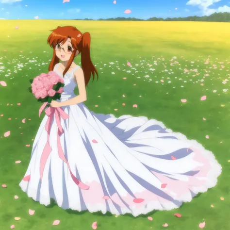 <lora:chu-bra!!:0.7> hayama nayu, long hair, brown hair, brown eyes, twintails, glasses, happy, wearing a detailed white wedding dress with ruffles and lace, outdoors, holding a bouquet of pink roses, flower petals falling from the sky, nature background, white and pink flowers scatter on a grassy field, full body shot, pink roses in hair <lora:Squeezer2:0.7>, 8k, masterpiece, absurdres, anime,