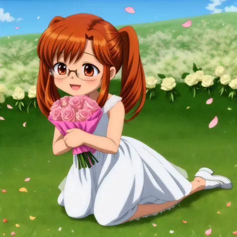 <lora:chu-bra!!:0.7> hayama nayu, long hair, brown hair, brown eyes, twintails, glasses, happy, wearing a detailed white wedding dress with ruffles and lace, outdoors, holding a bouquet of pink roses, flower petals falling from the sky, nature background, white and pink flowers scatter on a grassy field, full body shot, pink roses in hair <lora:Squeezer2:0.7>, 8k, masterpiece, absurdres, anime,