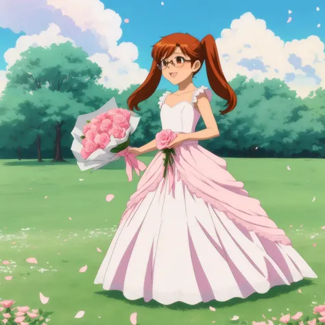 <lora:chu-bra!!:0.7> hayama nayu, long hair, brown hair, brown eyes, twintails, glasses, happy, wearing a detailed white wedding dress with ruffles and lace, outdoors, holding a bouquet of pink roses, flower petals falling from the sky, nature background, white and pink flowers scatter on a grassy field, full body shot, pink roses in hair <lora:Squeezer2:0.7>, 8k, masterpiece, absurdres, anime,