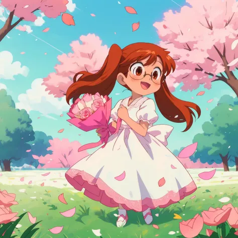 <lora:chu-bra!!:0.7> hayama nayu, long hair, brown hair, brown eyes, twintails, glasses, happy, wearing a detailed white wedding dress with ruffles and lace, outdoors, holding a bouquet of pink roses, flower petals falling from the sky, nature background, white and pink flowers scatter on a grassy field, full body shot, pink roses in hair <lora:Squeezer2:0.7>, 8k, masterpiece, absurdres, anime,