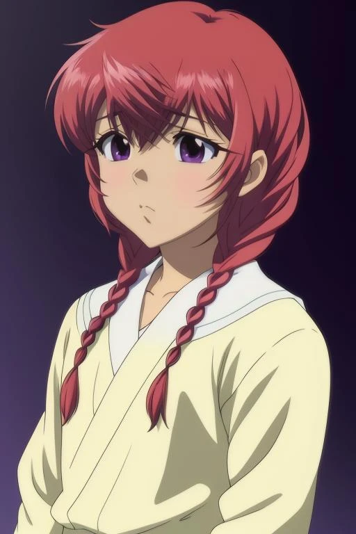 <lora:chu-bra!!:0.7> shiraishi haruka, twin braids, red hair, purple eyes, upper body, centered, 8k, masterpiece, absurdres, anime,