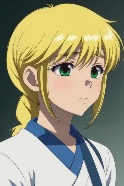 <lora:chu-bra!!:0.7> mizuno tamaki, blonde hair, green eyes, single braid, upper body, centered, 8k, masterpiece, absurdres, anime,