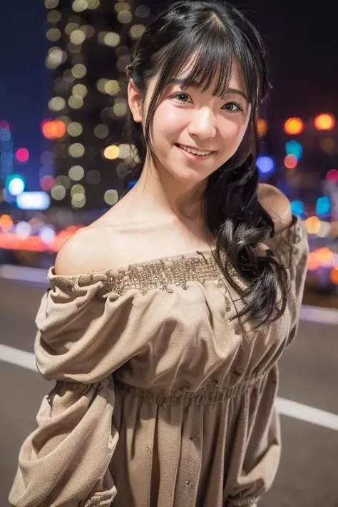 1girl, (wearing an off-the-shoulder dress:1.8),(RAW photo, best quality), (realistic, photo-realistic:1.4), masterpiece, an extremely delicate and beautiful, extremely detailed, 2k wallpaper, Amazing, finely detail, extremely detailed CG unity 8k wallpaper, ultra-detailed, highres, soft light, beautiful detailed girl, extremely detailed eyes and face, beautiful detailed nose, beautiful detailed eyes,cinematic lighting,(in the city at night:2.0),(night city view:2.0),perfect anatomy,(slender body:2.0),(laughing:1.4),(close up:2.0),(open eyes:1.4),(look at viewer),(front view:1.0),(young japanese girl:1.8),cinematic angle,(wavy long hair), (brown eyes:1.8),(standing:2.0), (cleavage:1.4)m8> <lora:yuukikozue_lora-02:0.8>
