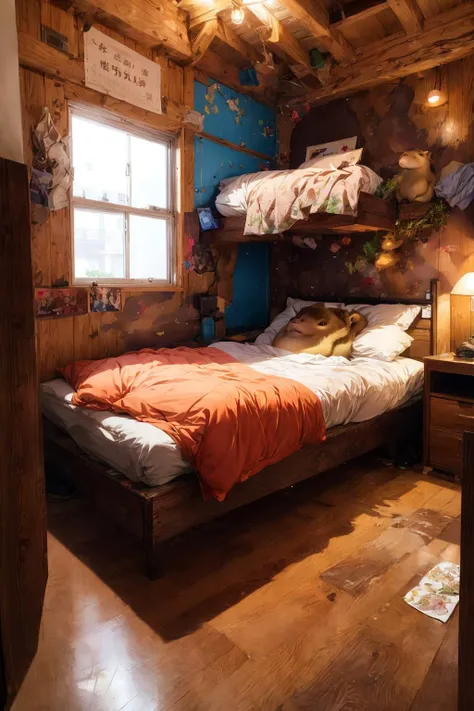 (capybara:1.3)masterpiece, best quality, ultra-detailed, illustration,
lovehotel, LHbedpanel, bed, pillow, table, couch, indoors, phone, tissue box, wooden floor, cushion, ceiling light,
<lora:more_details:0.5><lora:add_detail:0.5> <lora:LoveHotelV7_1.0_MIDD_Resize_DIM8:0.6>