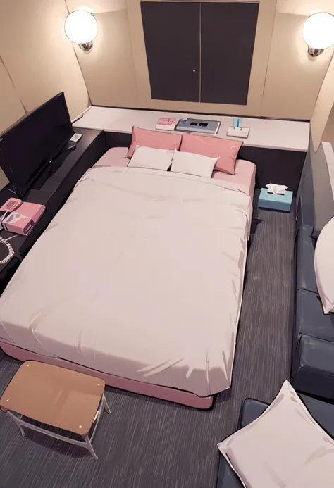 masterpiece, best quality, very aesthetic, absurdres,
lovehotel, LHbedpanel, scenery, indoors, bed, pillow, phone, tissue box, box, lamp, couch, table, rug, television, cushion, night, blanket, ceiling light,
<lora:LOVEHOTEL_SDXL_V4:1>