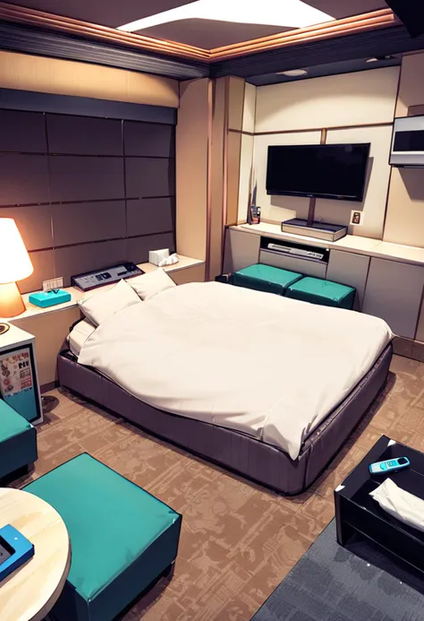 masterpiece, best quality, very aesthetic, absurdres,
lovehotel, LHbedpanel, scenery, bed, indoors, lamp, couch, table, rug, bedroom, television, pillow, phone, tissue box, box, night,
<lora:LOVEHOTEL_SDXL_V4:1>