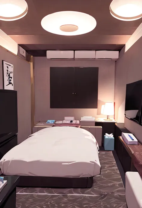 masterpiece, best quality, very aesthetic, absurdres,
lovehotel, LHbedpanel, scenery, indoors, bed, pillow, phone, tissue box, box, lamp, couch, table, rug, television, cushion, night, blanket, ceiling light,
<lora:LOVEHOTEL_SDXL_V4:1>
