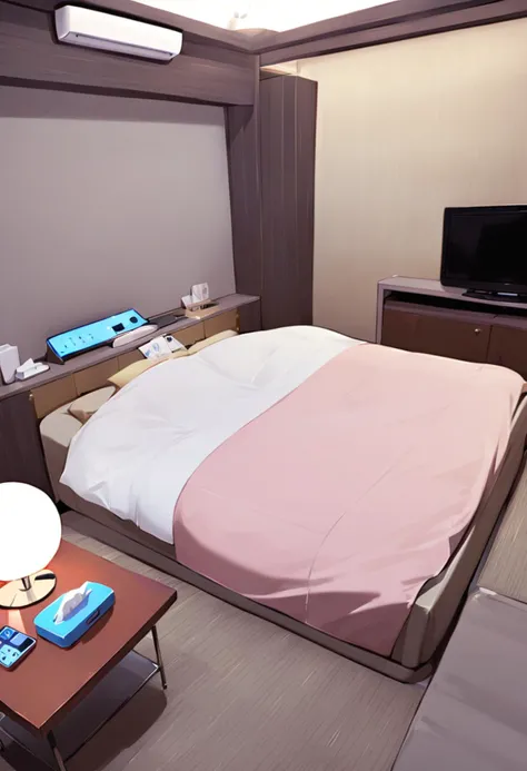 masterpiece, best quality, very aesthetic, absurdres,
lovehotel, LHbedpanel, scenery, indoors, bed, pillow, phone, tissue box, box, lamp, couch, table, rug, television, cushion, night, blanket, ceiling light,
<lora:LOVEHOTEL_SDXL_V4:1>